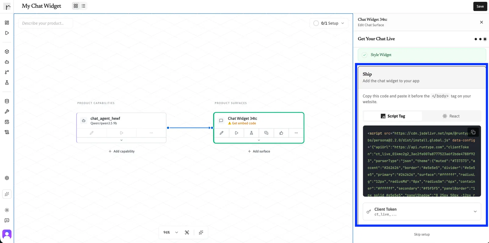 Ship step showing the Script Tag embed code and the Client Token section.