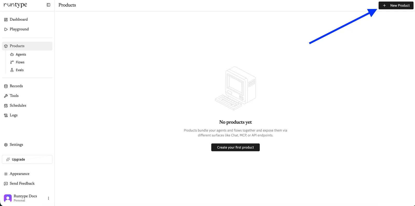 Products page with the New product button highlighted.
