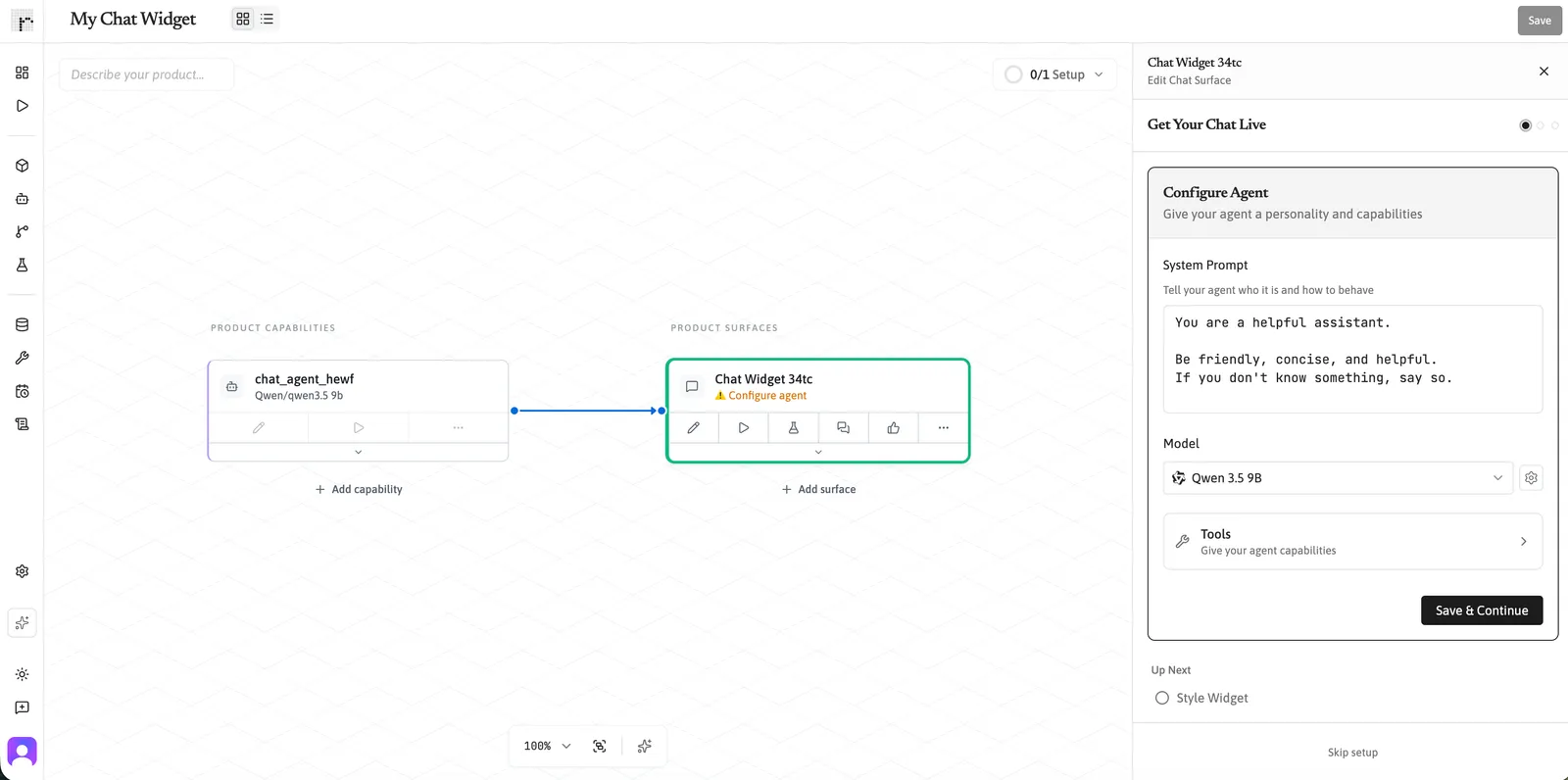 Product editor showing a Chat Widget Surface and the Configure Agent panel.