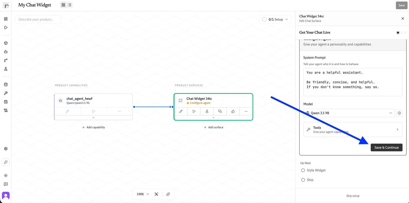 Product editor with the Save & Continue button in the Surface panel.