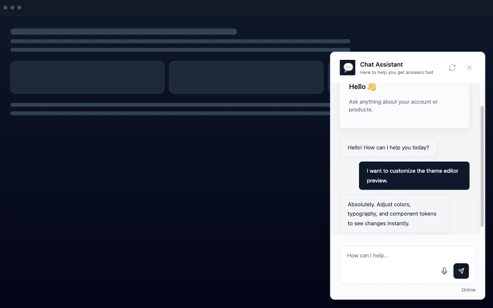 Chat widget open on a dark webpage with a welcome message and message composer.