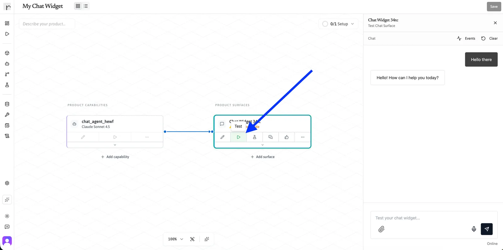 Test chat panel showing a sent message and an Agent response.